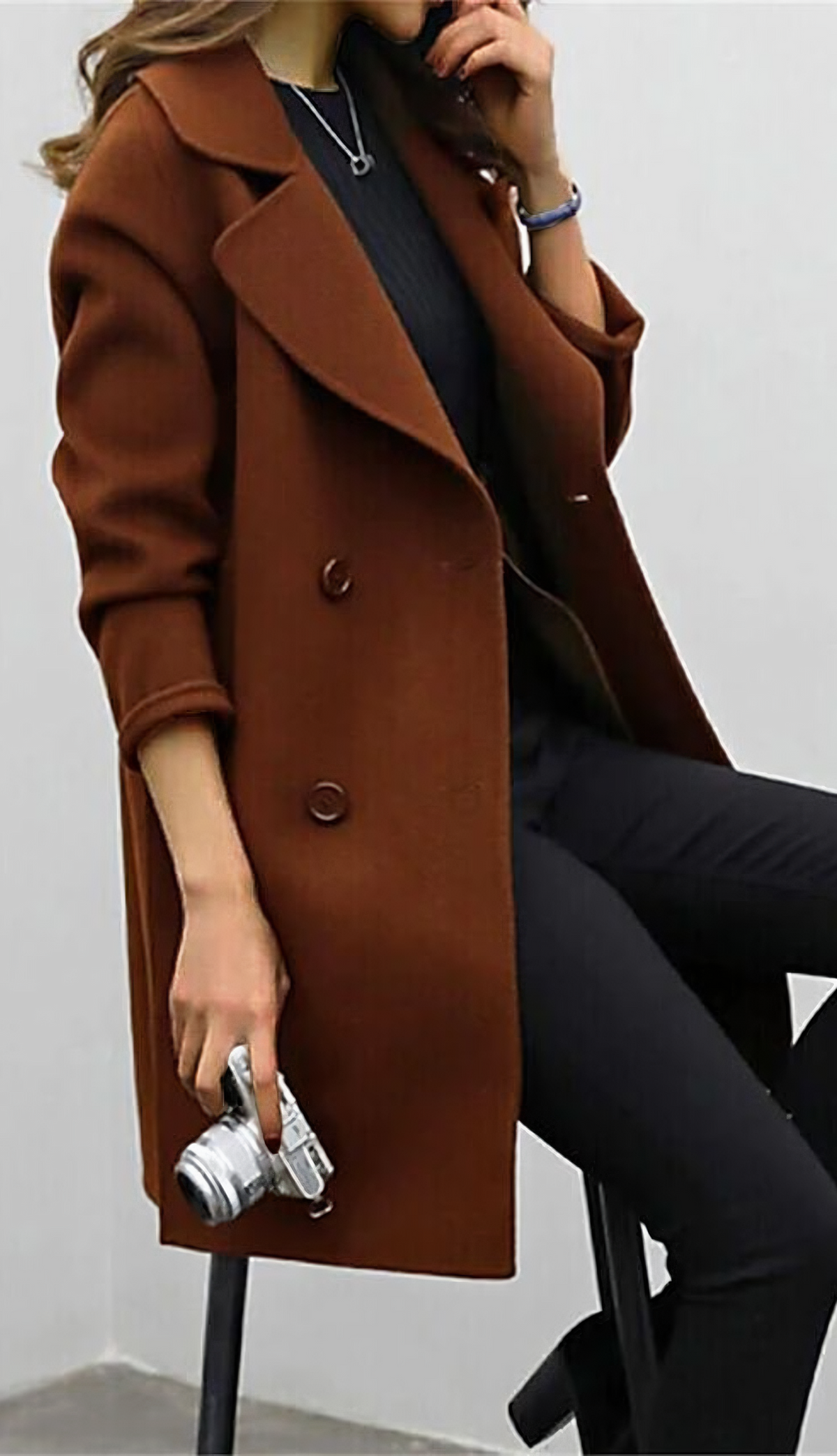 Nadia | Women's Double-Breasted Wide Lapel Coat – Above-Knee Winter Overcoat – Brown