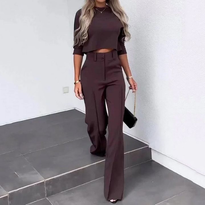 Nadine – Women's Cropped Knit Top and Tailored Wide-Leg Trousers Set