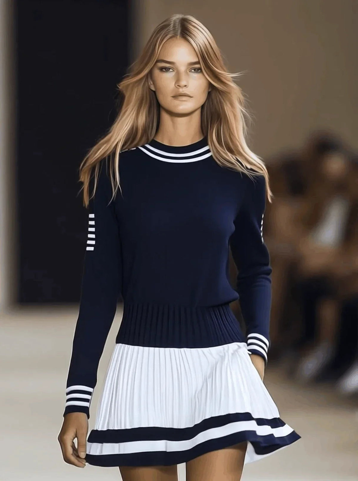 Naya | Women's Striped Knit Sweater Dress – Long Sleeve with Pleated Skirt in Navy