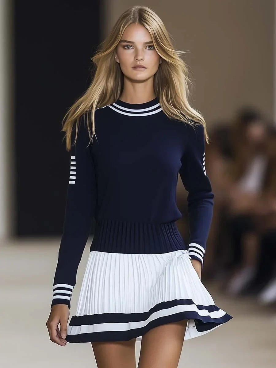 Naya | Women's Striped Knit Sweater Dress – Long Sleeve with Pleated Skirt in Navy
