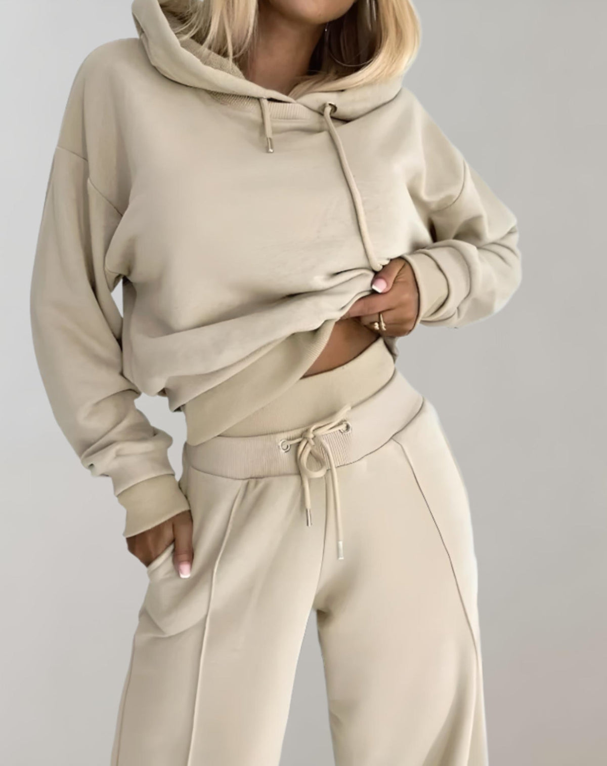 Nell | Women's Hoodie and Wide-Leg Trousers Set – Soft Cotton-Blend Co-Ord – Beige