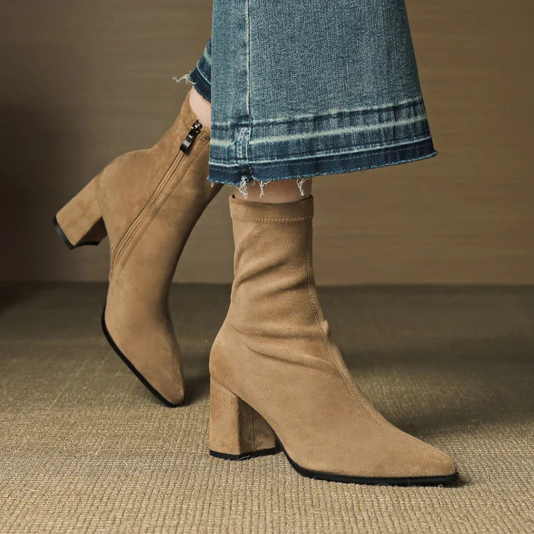 Nina | Women's Pointed Toe Block Heel Ankle Boots with Side Zip