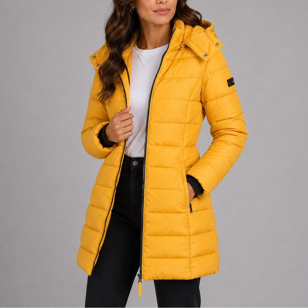 Noelle | Women's Long Quilted Puffer Coat – Hooded, Fitted Waist, Windproof Winter Coat – Yellow