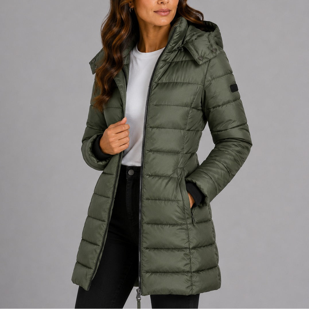 Noelle | Women's Long Quilted Puffer Coat – Hooded, Fitted Waist, Windproof Winter Coat – Green
