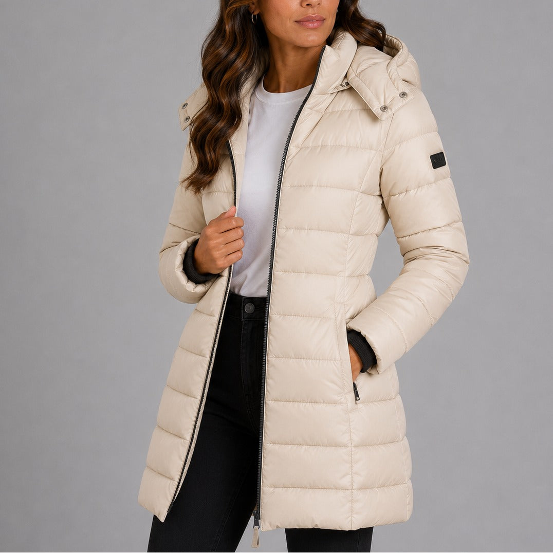 Noelle | Women's Long Quilted Puffer Coat – Hooded, Fitted Waist, Windproof Winter Coat – Beige