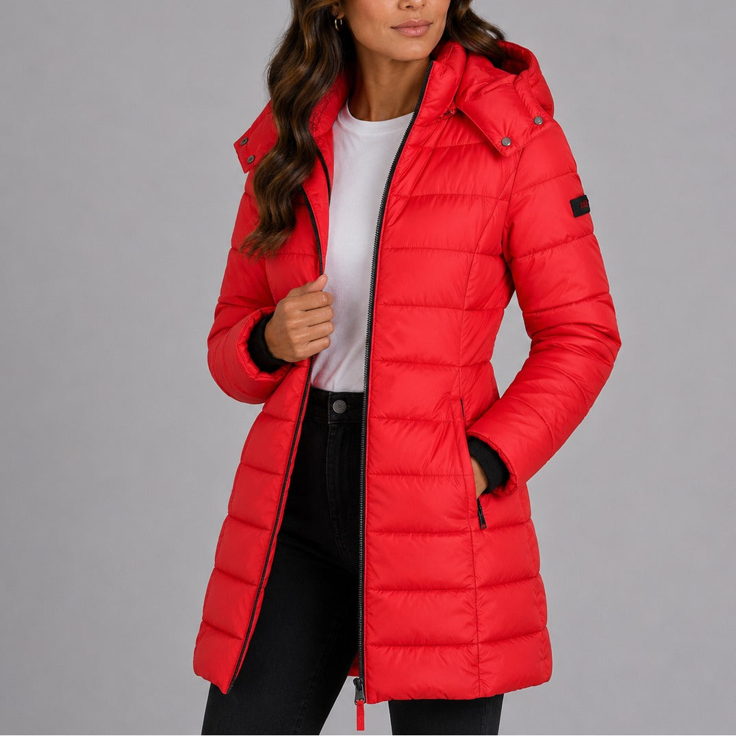 Noelle | Women's Long Quilted Puffer Coat – Hooded, Fitted Waist, Windproof Winter Coat – Red