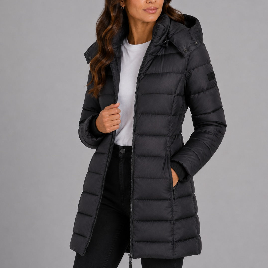 Noelle | Women's Long Quilted Puffer Coat – Hooded, Fitted Waist, Windproof Winter Coat – Black