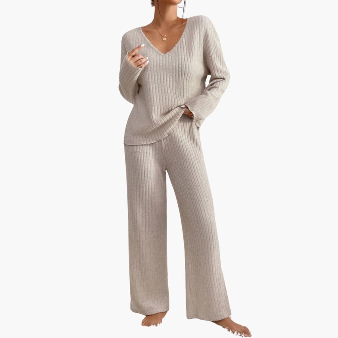 Olive | Women's Knit Lounge Set – Long Sleeve Sweater and Straight-Leg Pants – Beige