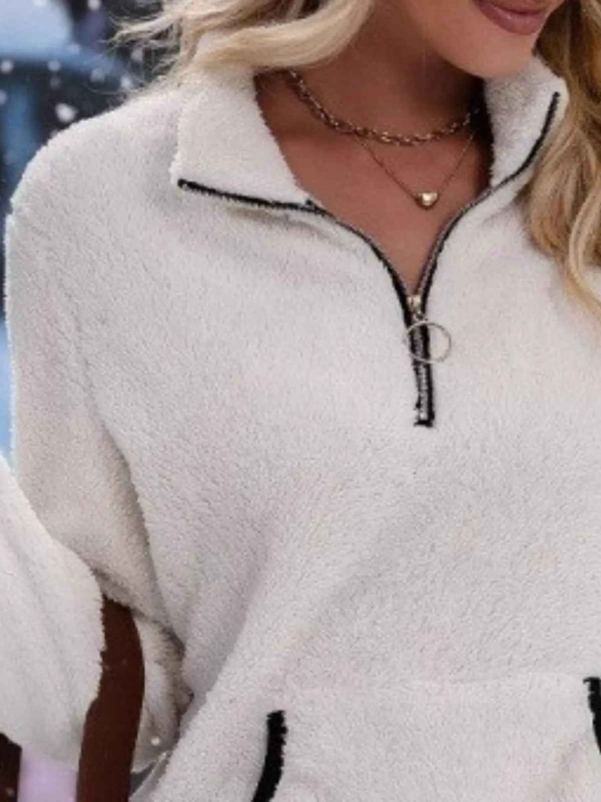 Pamela | Women's Fuzzy Half-Zip Pullover – Stand Collar, Kangaroo Pocket, Contrast Trim