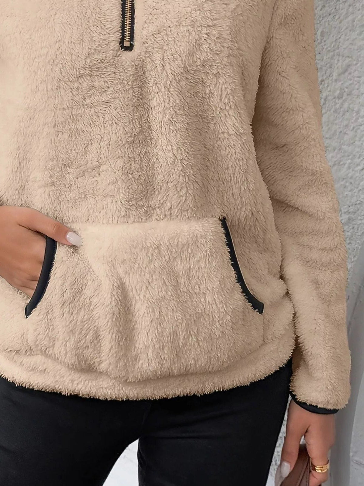 Pamela | Women's Fuzzy Half-Zip Pullover – Stand Collar, Kangaroo Pocket, Contrast Trim