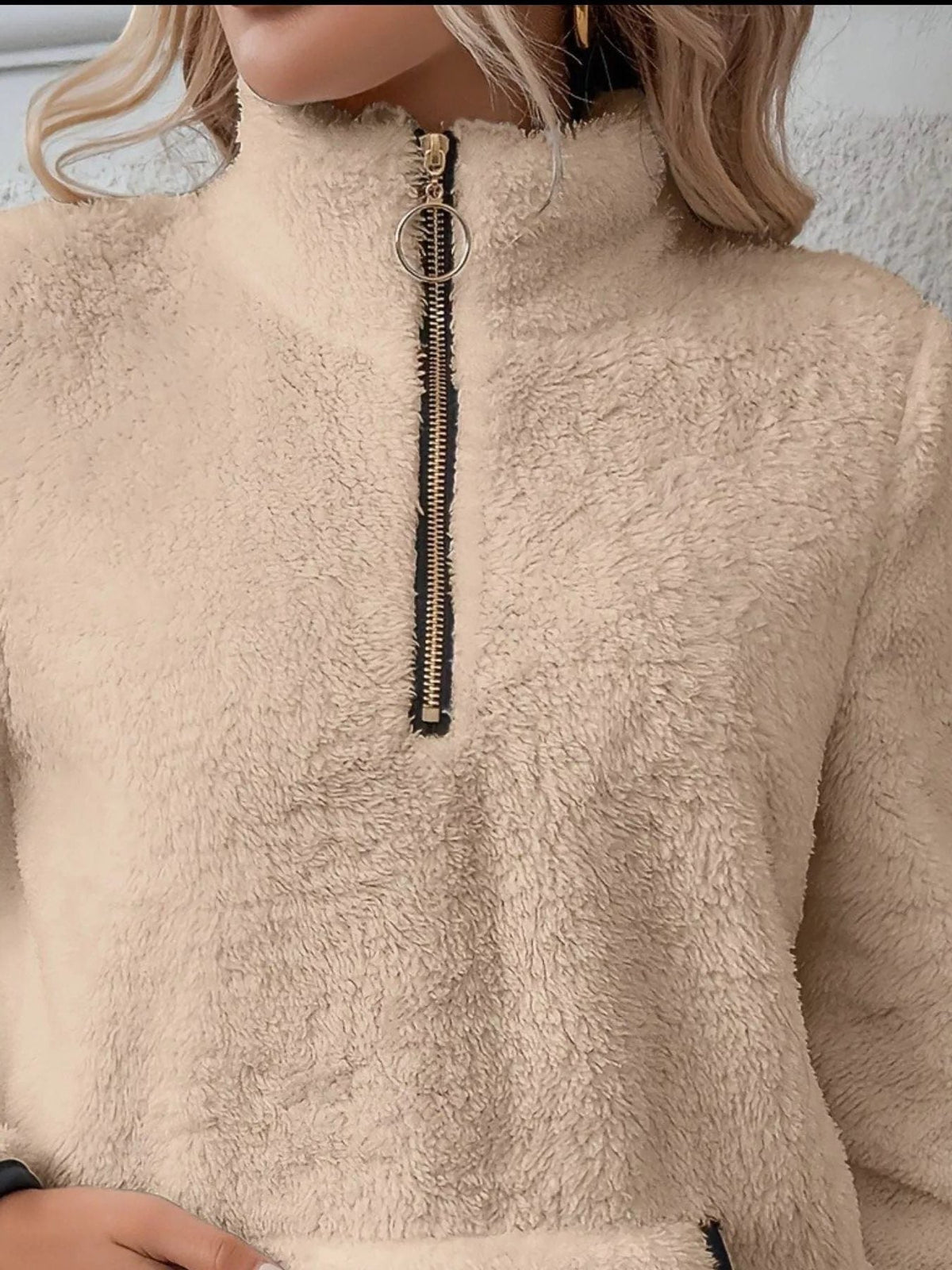 Pamela | Women's Fuzzy Half-Zip Pullover – Stand Collar, Kangaroo Pocket, Contrast Trim