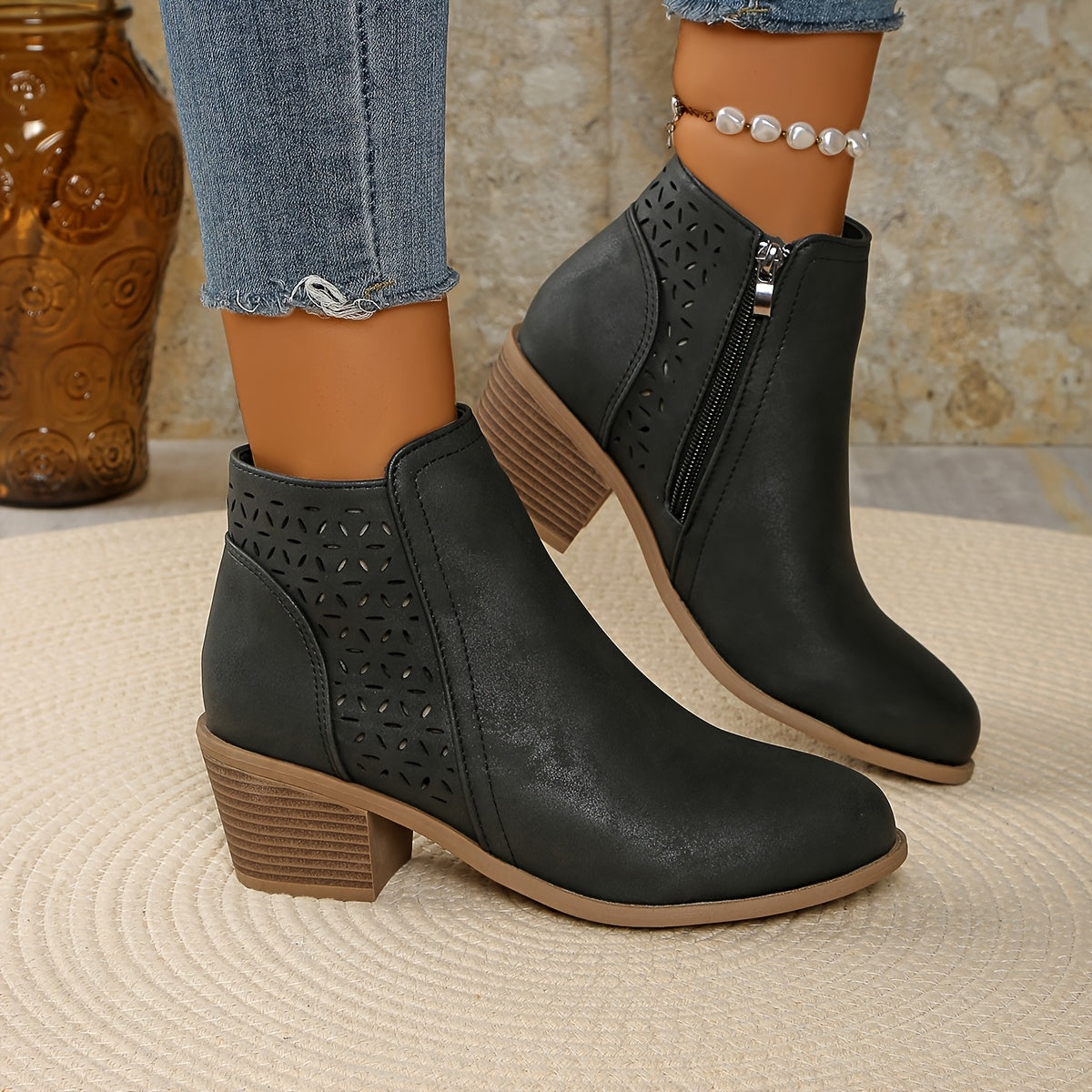 Paula | Women's Western-Style Ankle Boots – Side Zip, Cutout Panel, Stacked Heel