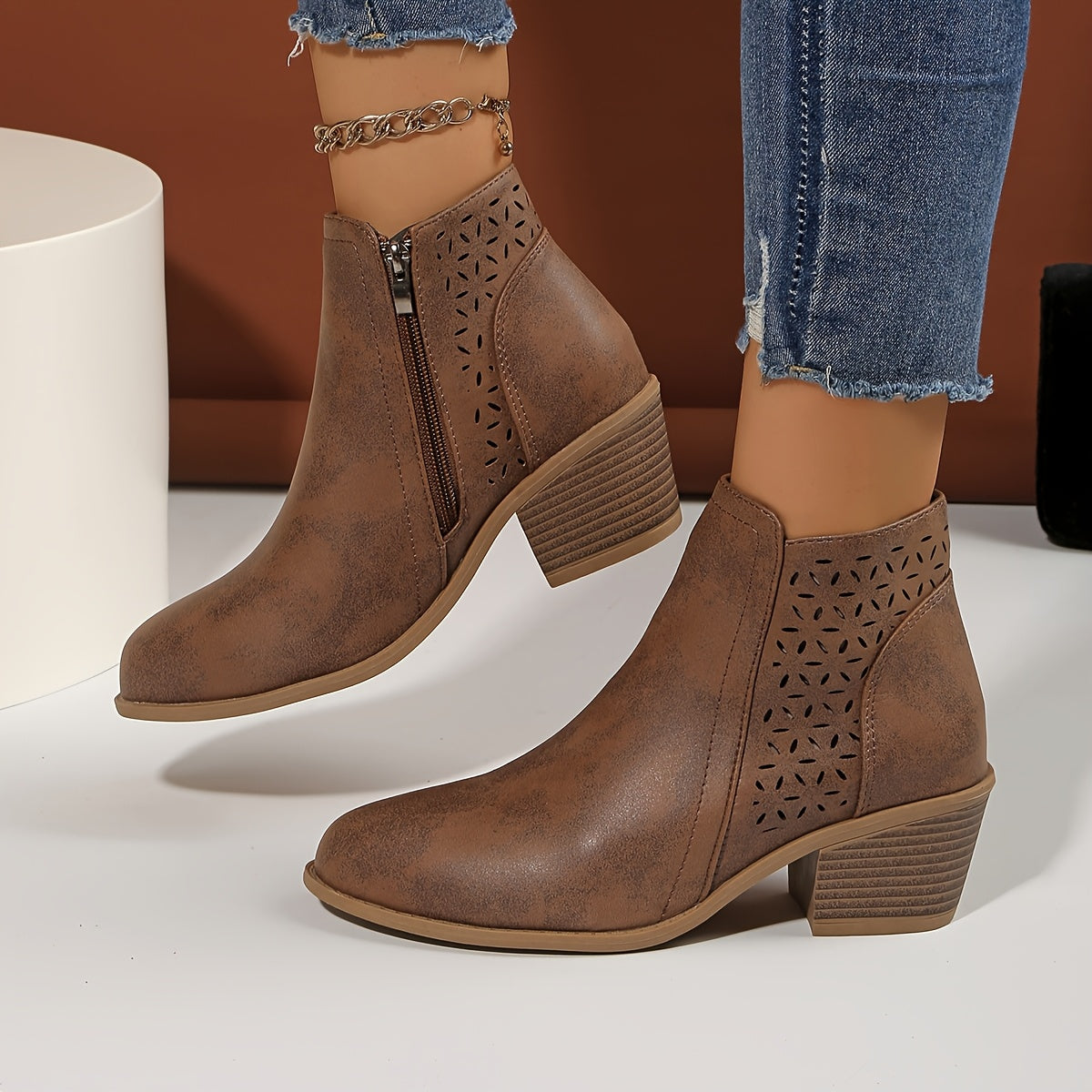 Paula | Women's Western-Style Ankle Boots – Side Zip, Cutout Panel, Stacked Heel – Brown