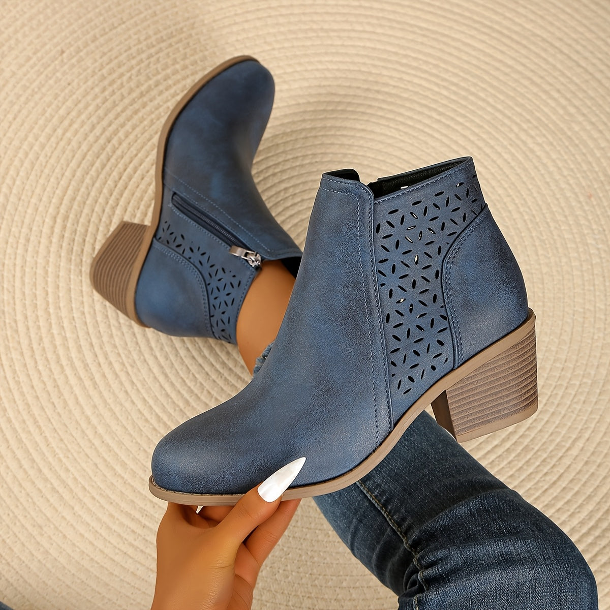 Paula | Women's Western-Style Ankle Boots – Side Zip, Cutout Panel, Stacked Heel – Blue