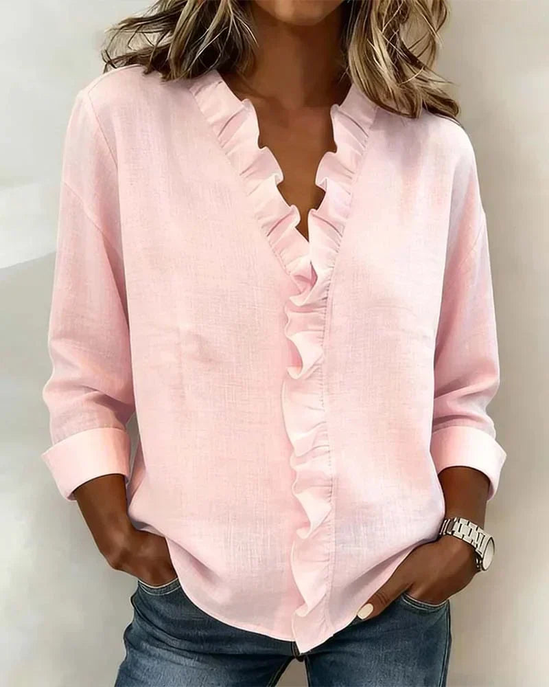 Phoebe – Women's Ruffle V-Neck Blouse – Long Sleeves with Fitted Cuffs
