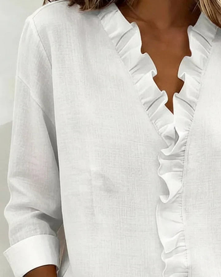 Phoebe – Women's Ruffle V-Neck Blouse – Long Sleeves with Fitted Cuffs