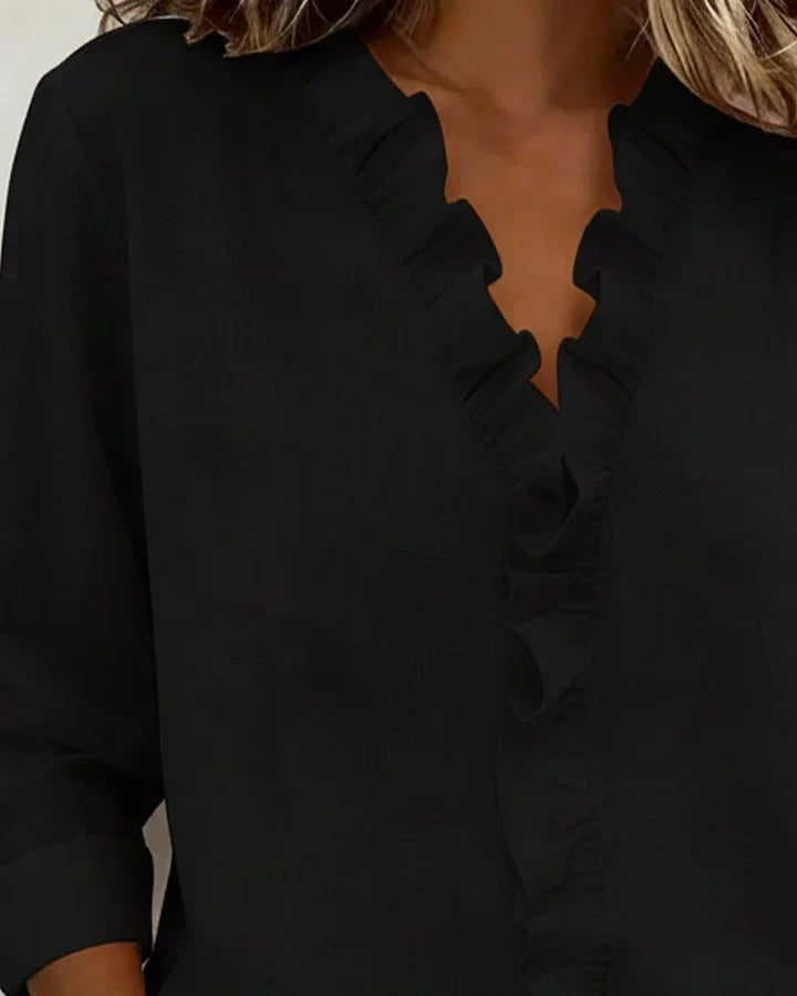 Phoebe – Women's Ruffle V-Neck Blouse – Long Sleeves with Fitted Cuffs