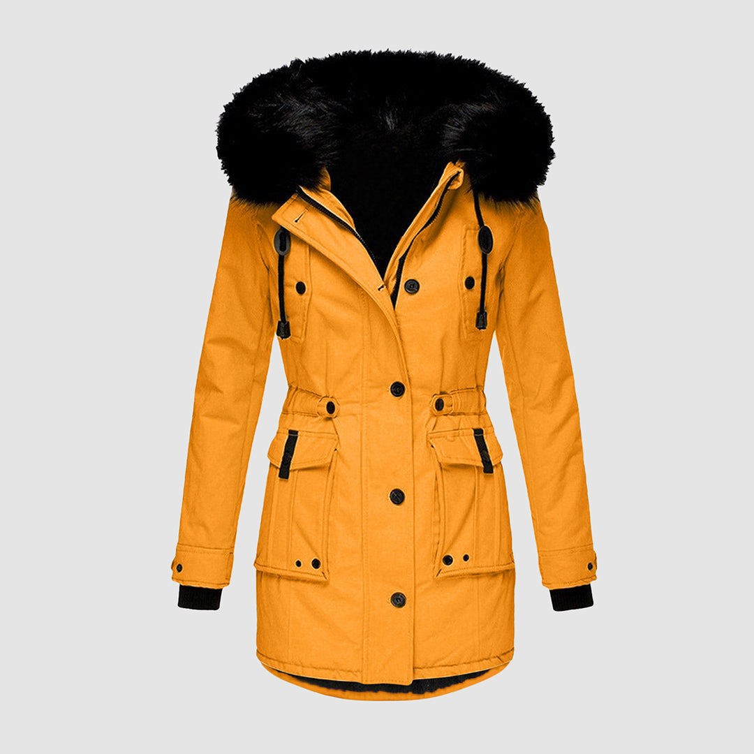 Piper | Women's Faux Fur Hooded Winter Parka – Water-Resistant, Thermal Lined Longline – Mustard