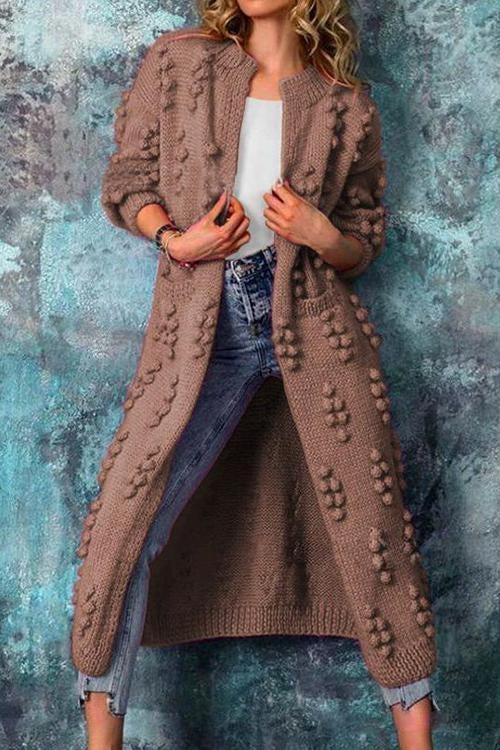Priscilla | Women's Longline Popcorn Knit Cardigan – Open Front, Below-Knee Length – Brown