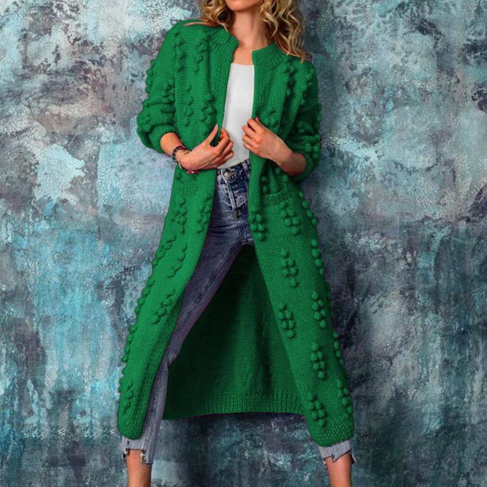 Priscilla | Women's Longline Popcorn Knit Cardigan – Open Front, Below-Knee Length – Green