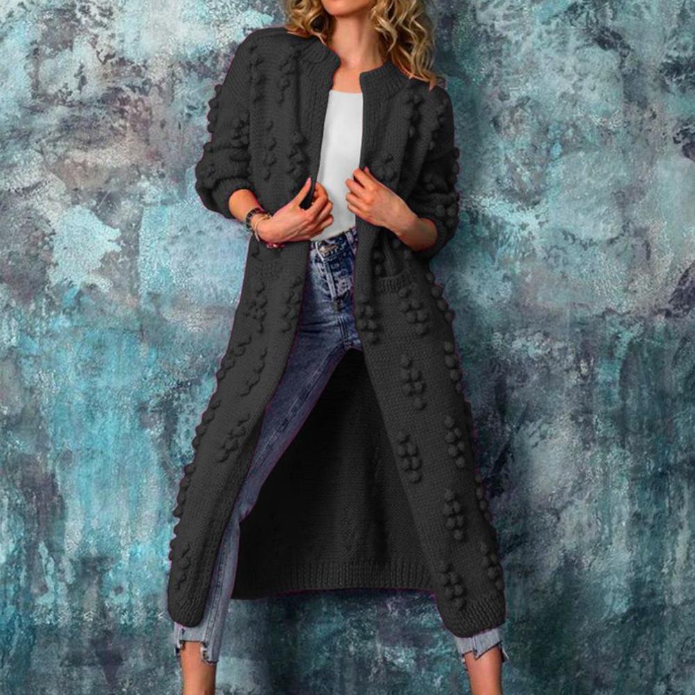 Priscilla | Women's Longline Popcorn Knit Cardigan – Open Front, Below-Knee Length – Black