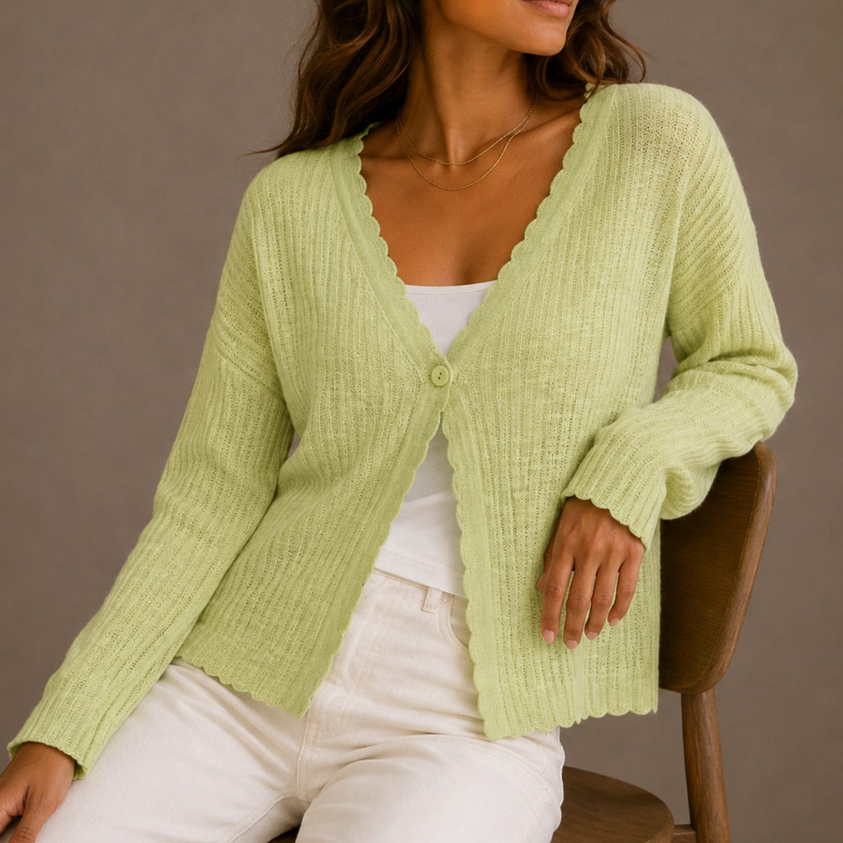 Regina | Women's Scallop-Trim Ribbed Knit Cardigan – V-Neck, Single Button, Cropped – Lime Green