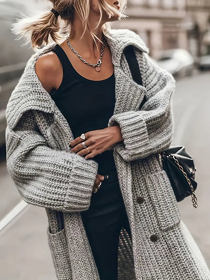 Rosalie | Women's Chunky Ribbed Long Cardigan – Oversized Sleeves, Patch Pockets, Longline