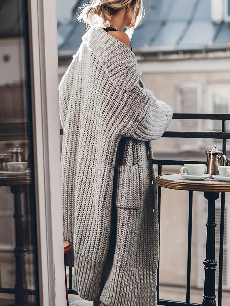 Rosalie | Women's Chunky Ribbed Long Cardigan – Oversized Sleeves, Patch Pockets, Longline