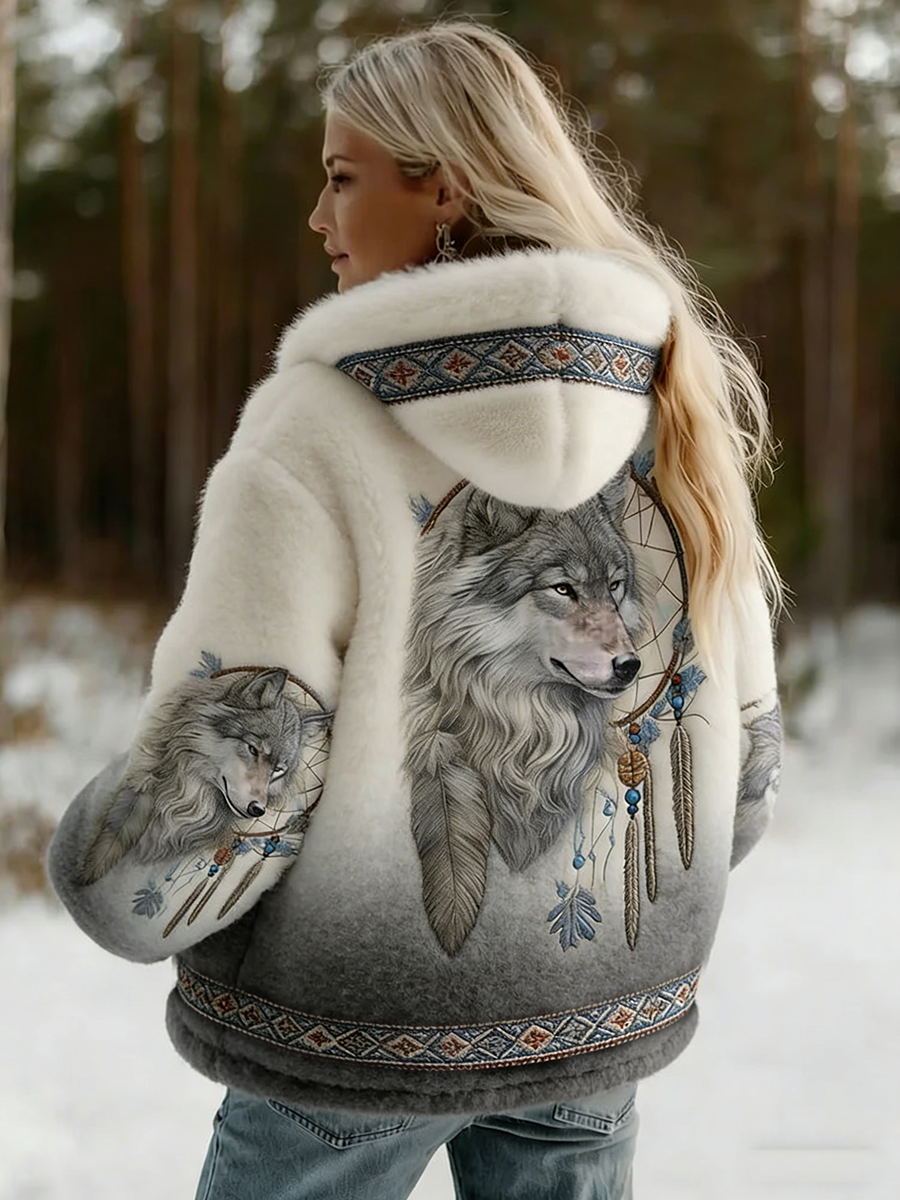 Rowan – Women's Hooded Printed Jacket – Artistic Wolf Motif with Soft Lining