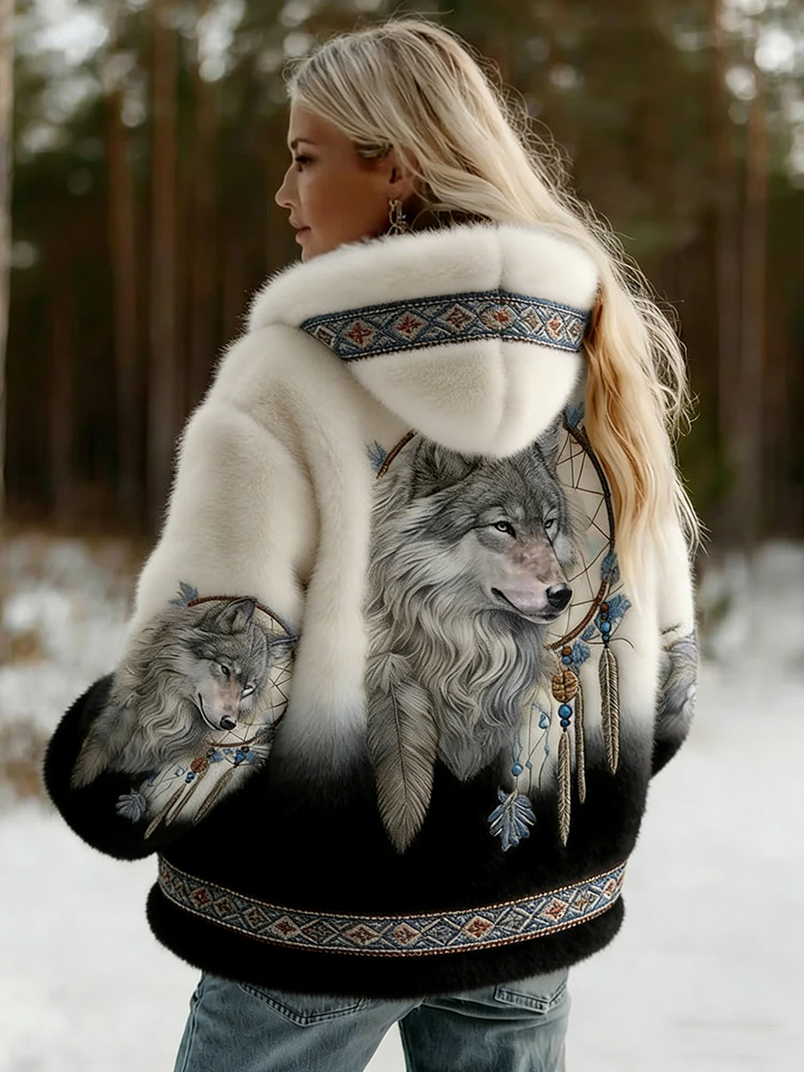 Rowan – Women's Hooded Printed Jacket – Artistic Wolf Motif with Soft Lining