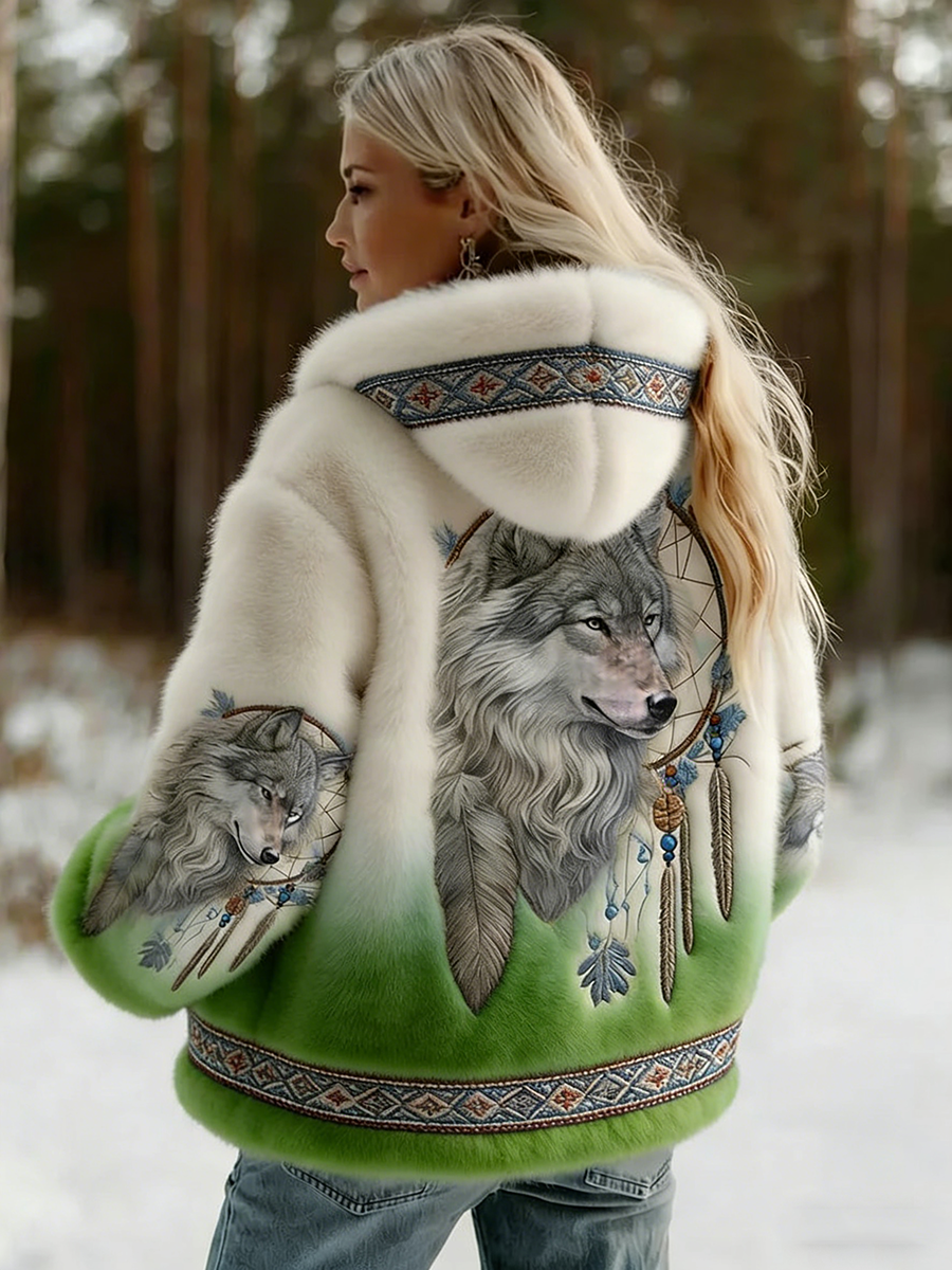 Rowan – Women's Hooded Printed Jacket – Artistic Wolf Motif with Soft Lining