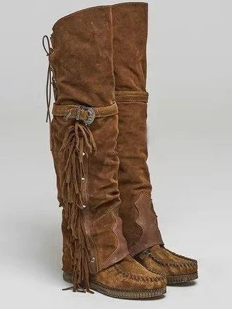Ruth | Women's Fringe Cowboy Boots – Knee High Faux Suede Western Boots, Faux Fur Lined