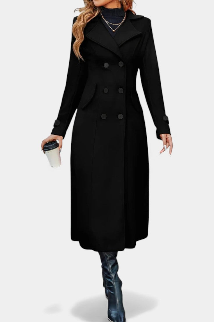 Sabine | Women's Long Double-Breasted Coat – Notch Lapel, Wool-Feel Overcoat