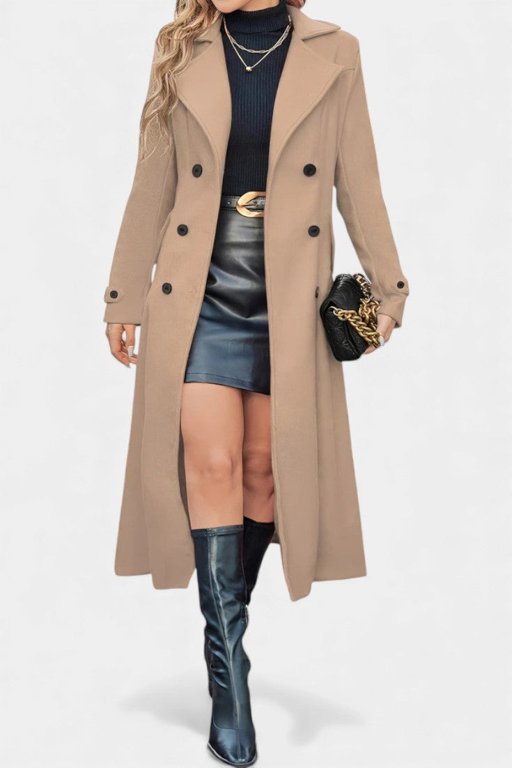 Sabine | Women's Long Double-Breasted Coat – Notch Lapel, Wool-Feel Overcoat – Beige