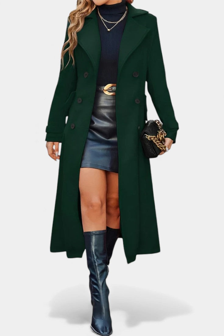 Sabine | Women's Long Double-Breasted Coat – Notch Lapel, Wool-Feel Overcoat – Green