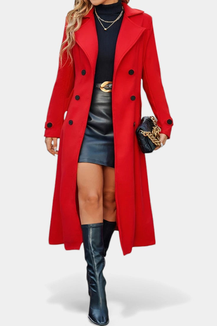 Sabine | Women's Long Double-Breasted Coat – Notch Lapel, Wool-Feel Overcoat – Red