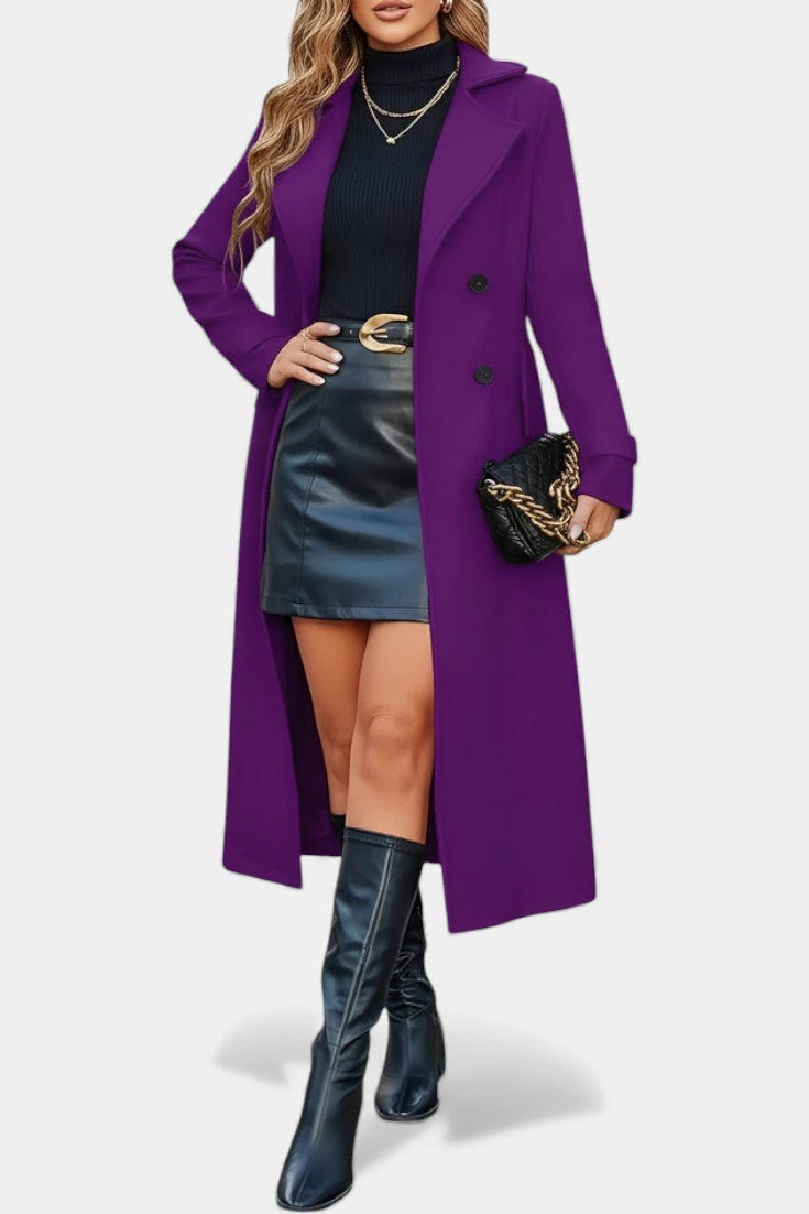 Sabine | Women's Long Double-Breasted Coat – Notch Lapel, Wool-Feel Overcoat – Purple