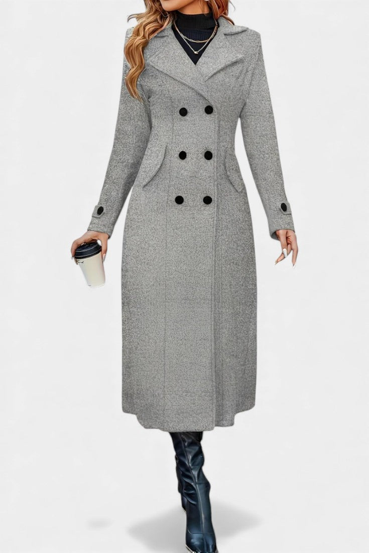 Sabine | Women's Long Double-Breasted Coat – Notch Lapel, Wool-Feel Overcoat