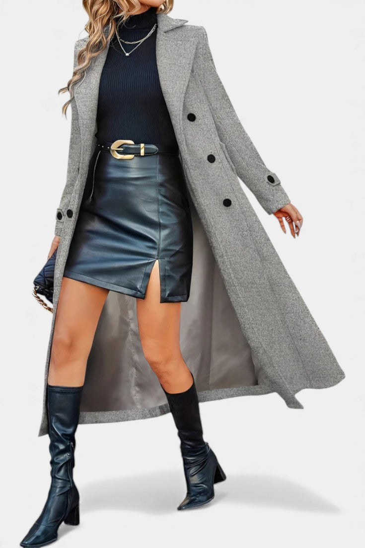 Sabine | Women's Long Double-Breasted Coat – Notch Lapel, Wool-Feel Overcoat