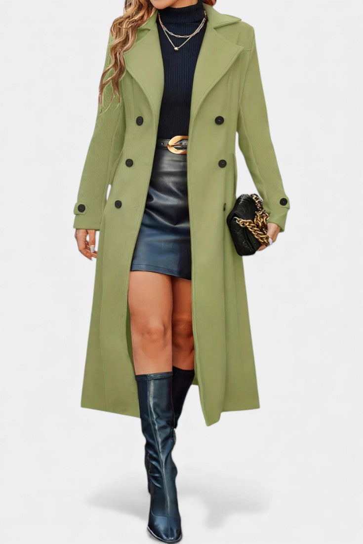 Sabine | Women's Long Double-Breasted Coat – Notch Lapel, Wool-Feel Overcoat – Pistachio Green