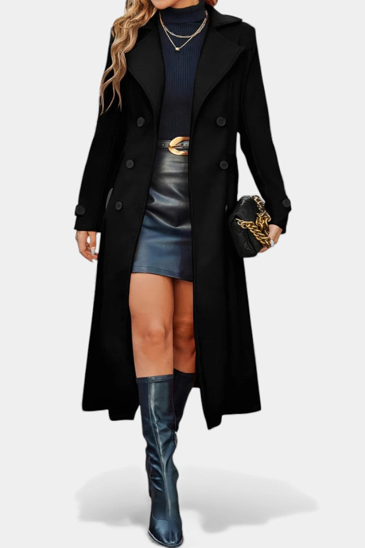 Sabine | Women's Long Double-Breasted Coat – Notch Lapel, Wool-Feel Overcoat – Black