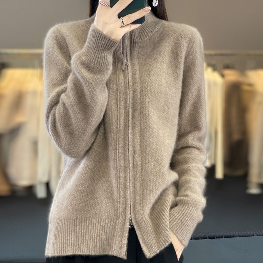 Sarah | Women's Zip-Up Knit Cardigan – High Stand Collar, Two-Way Zipper, Ribbed Trims – Taupe