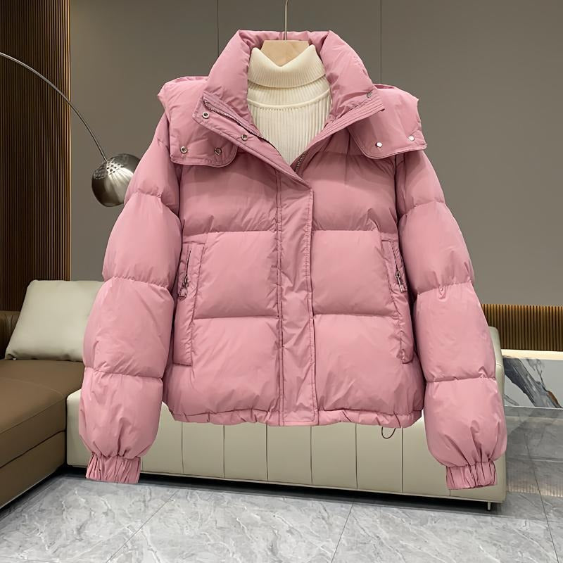 Sasha | Women's Cropped Quilted Puffer Jacket – Hood, Stand Collar, Zip Front