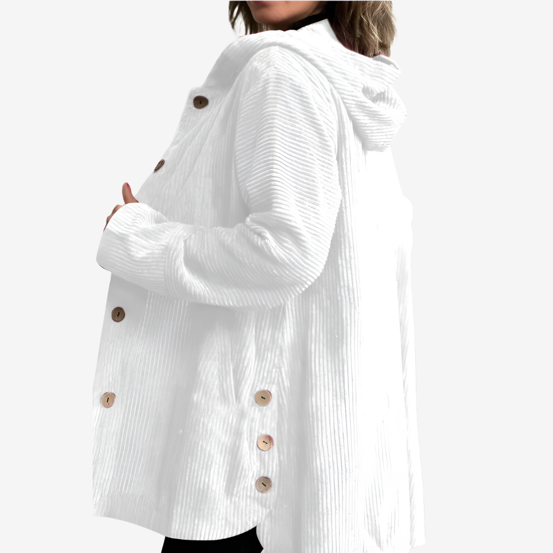 Selma | Women's Long Hooded Cardigan – Ribbed Knit with Buttons and Side Pockets – White