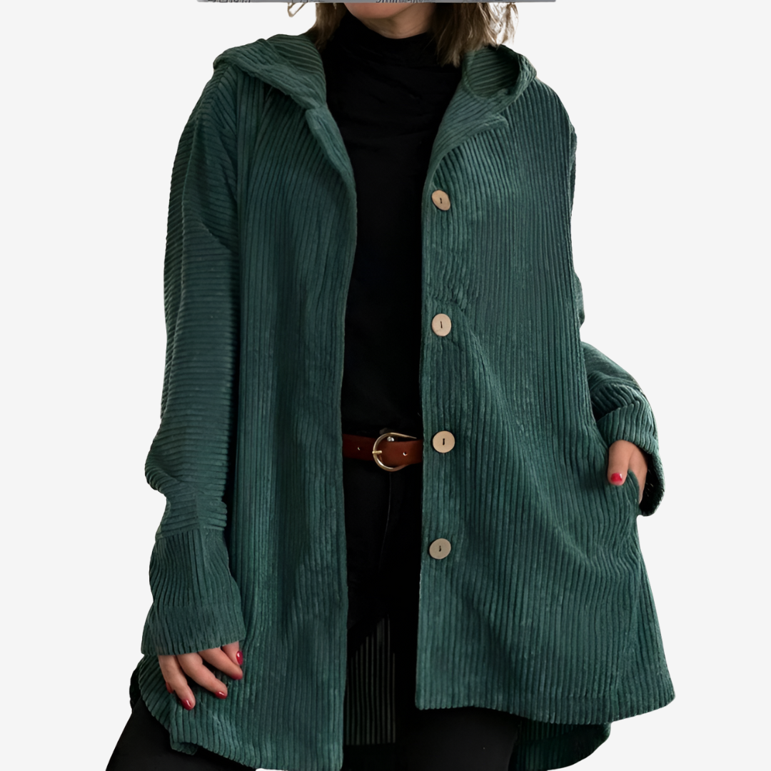 Selma | Women's Long Hooded Cardigan – Ribbed Knit with Buttons and Side Pockets – Dark Green