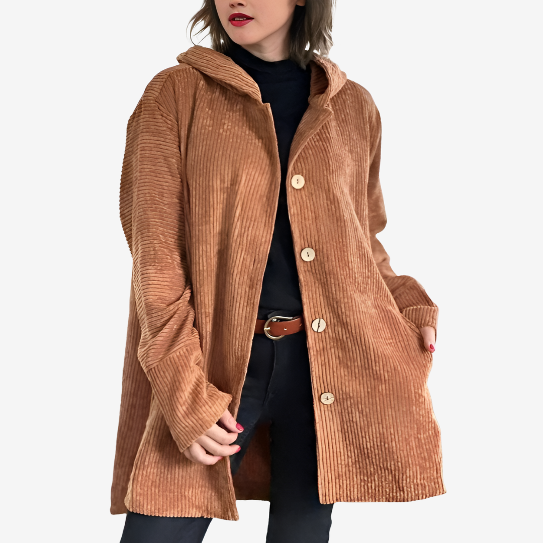Selma | Women's Long Hooded Cardigan – Ribbed Knit with Buttons and Side Pockets – Brown