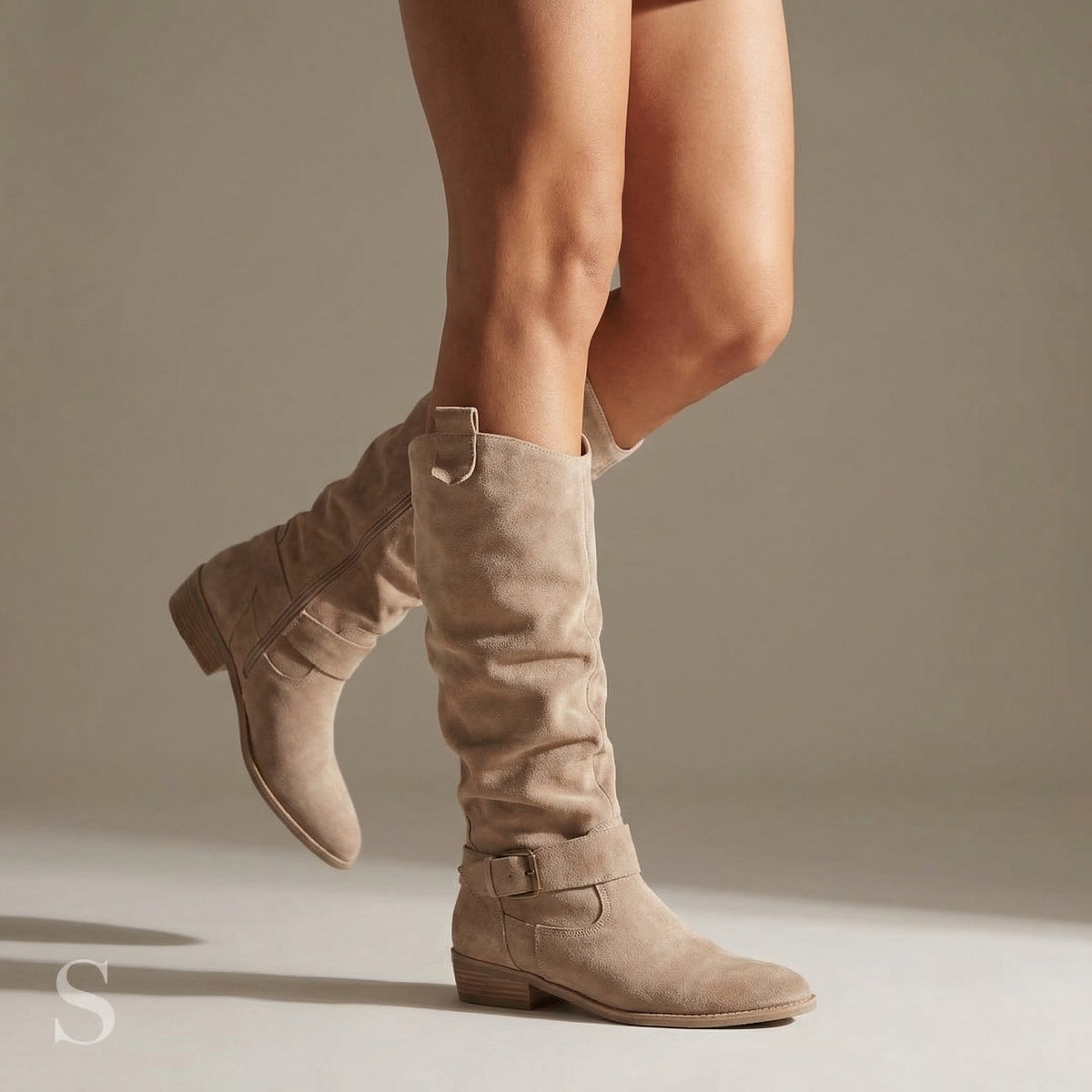 Serena | Women's Knee High Faux Suede Boots – Mid Heel, Cushioned Insole – Beige