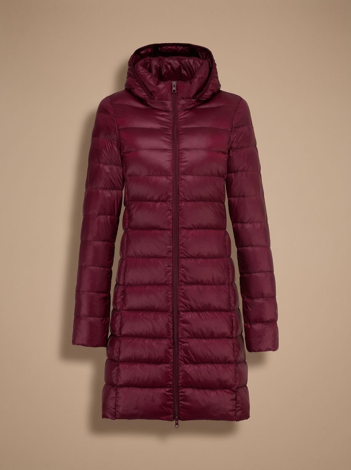 Signe | Women's Long Hooded Puffer Coat – Lightweight Padding, Slim Fit – Burgundy