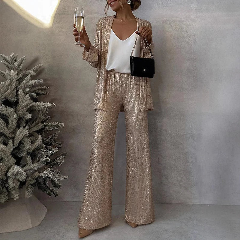 Simone – Women's Sequin Blazer and Wide-Leg Trouser Set – Holiday Party Suit