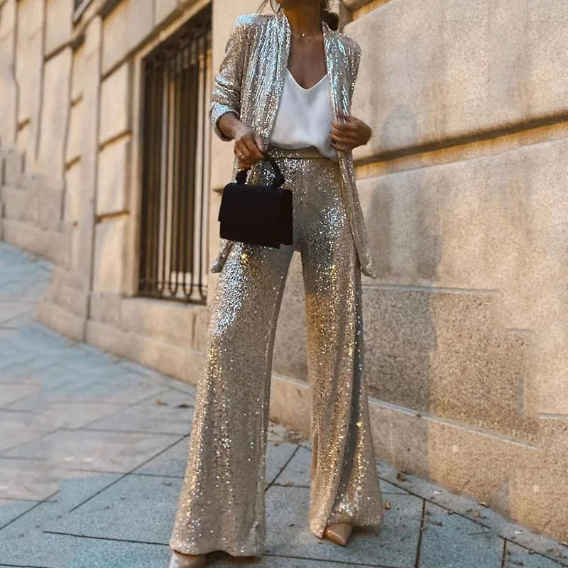 Simone – Women's Sequin Blazer and Wide-Leg Trouser Set – Holiday Party Suit